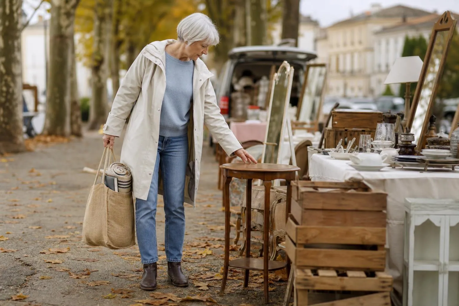 Femme d’une cinquantaine d’années portant un cabas de jute dans une allée de brocante d’automne, feuilles au sol et guéridon posé près d’elle