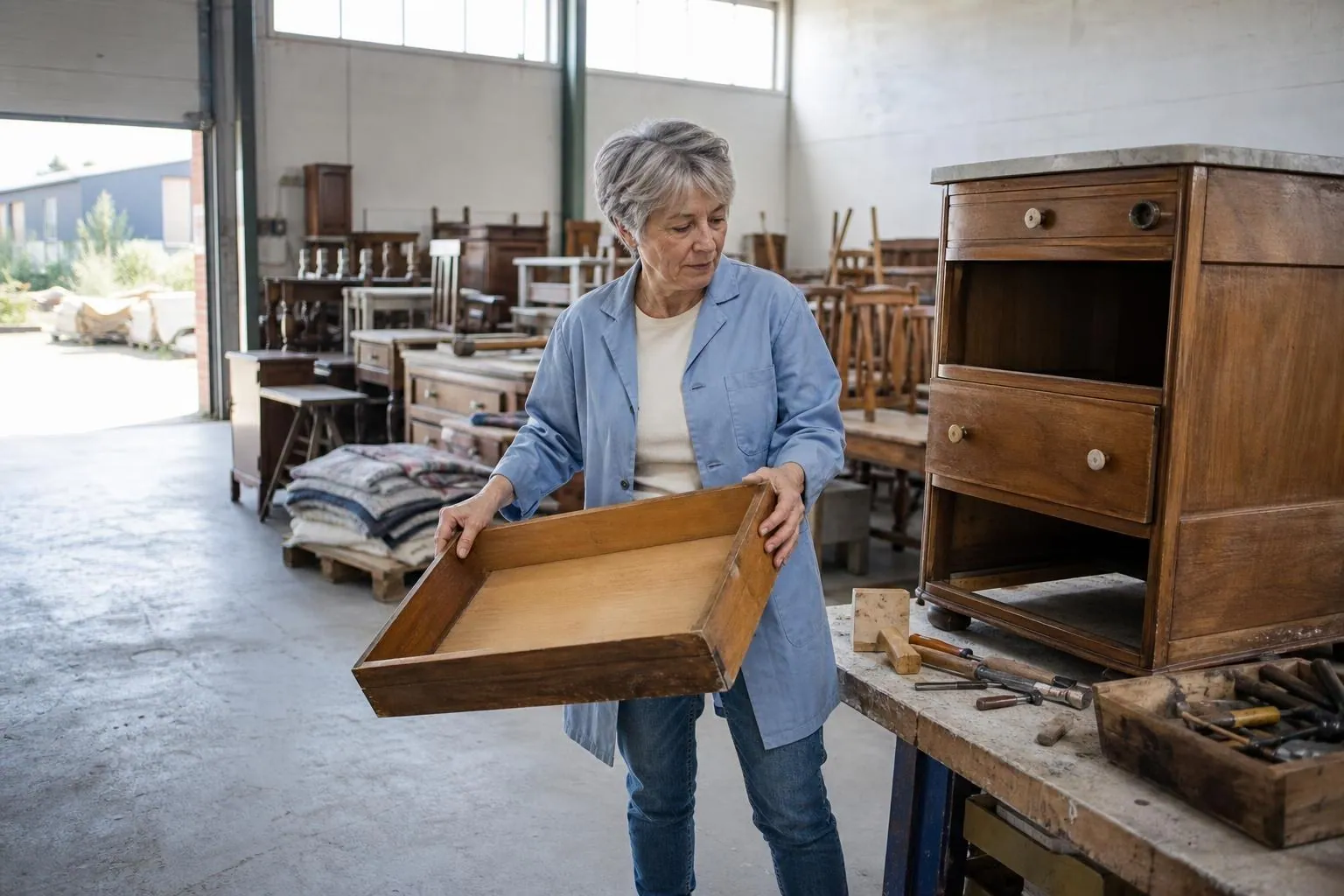 Femme d’une cinquantaine d’années examinant un tiroir dans l’atelier lumineux d’une ressourcerie, meubles triés et alignés derrière elle