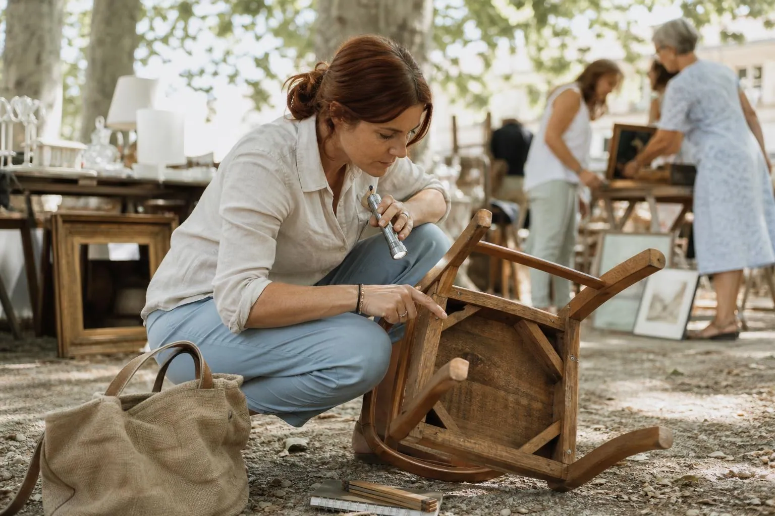Femme d’environ quarante ans accroupie dans une allée de brocante, retournant une chaise ancienne pour examiner l’assemblage sous l’assise