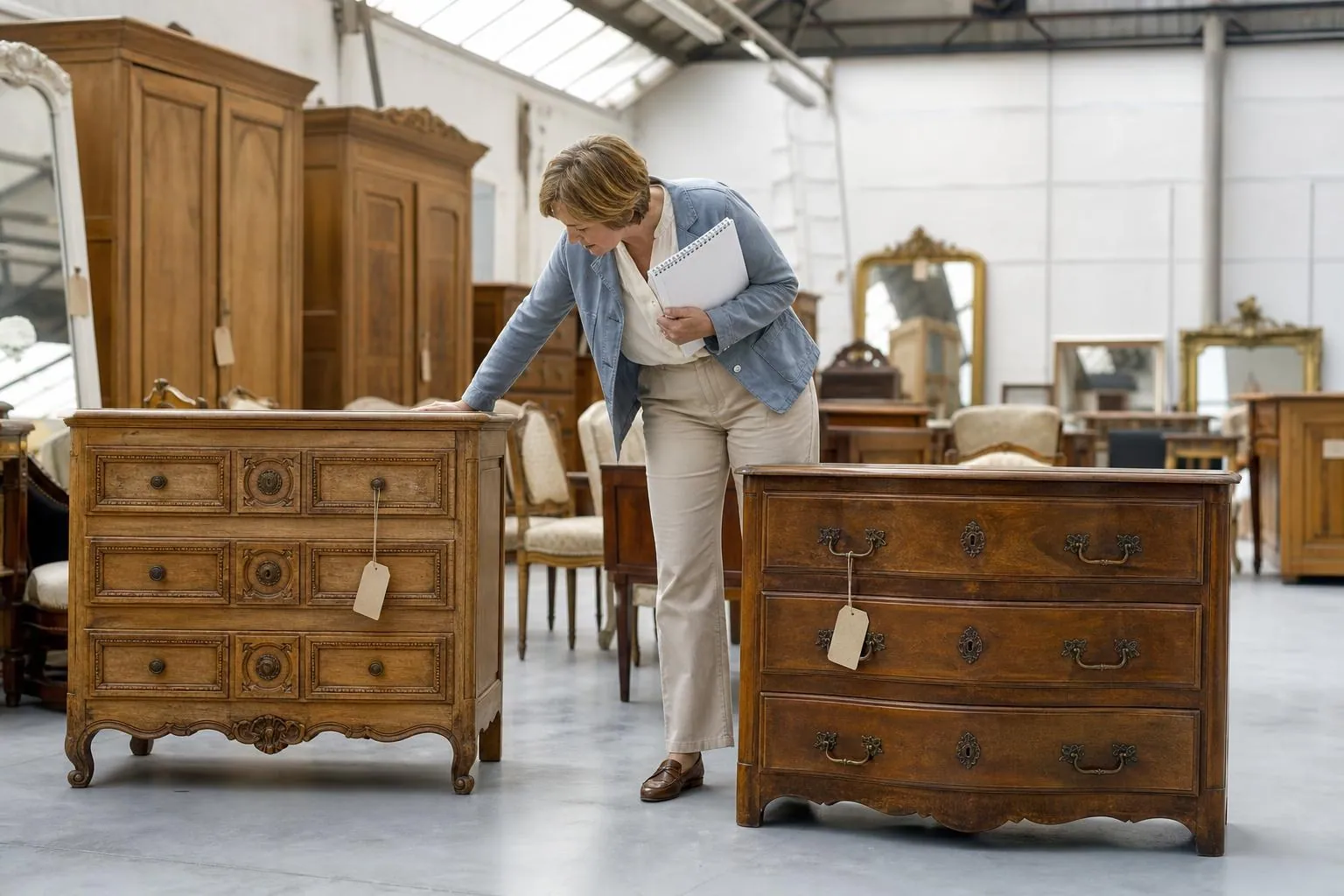 Femme d’environ cinquante ans comparant deux commodes anciennes placées côte à côte dans la salle d’un dépôt vente de meubles très éclairée