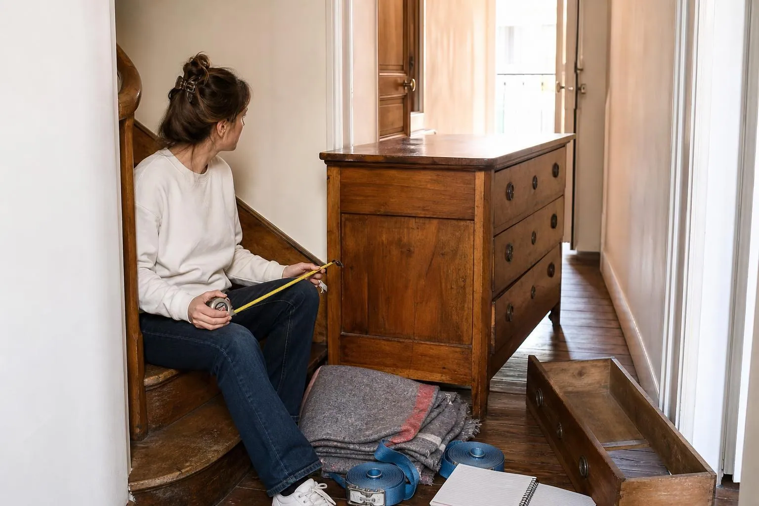 Femme d’une quarantaine d’années assise sur une marche à côté d’une commode ancienne posée en travers d’un couloir étroit, mètre ruban à la main