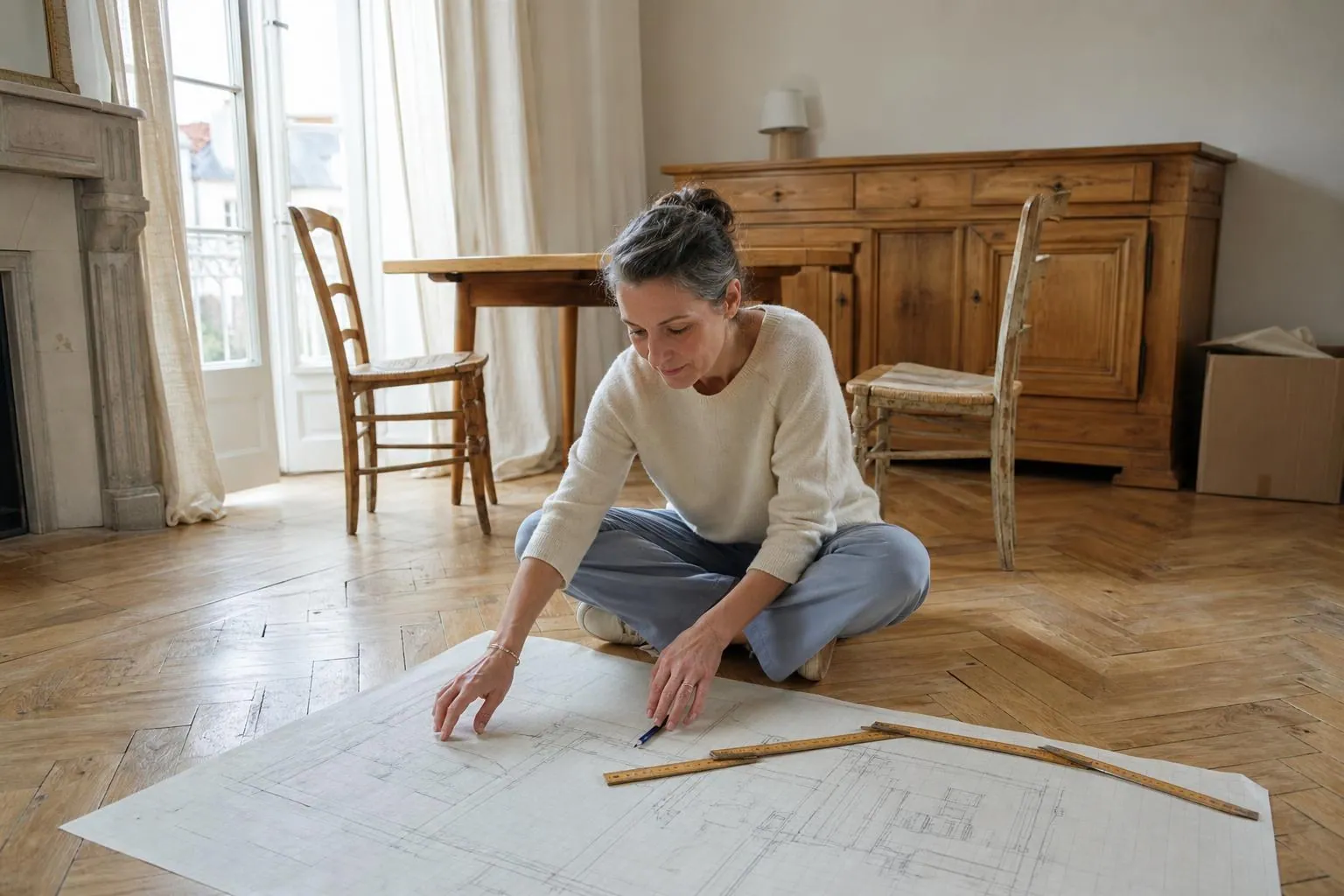 Femme d’une cinquantaine d’années assise au sol dans un salon en cours d’aménagement, croquis coté posé devant elle et buffet ancien installé contre le mur