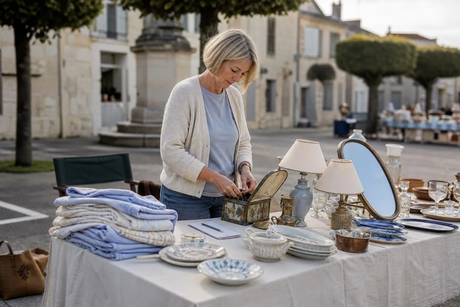 Femme d’une cinquantaine d’années installant sa table de tréteaux à un vide grenier de place de village, boîte à monnaie en fer et carnet posés devant elle