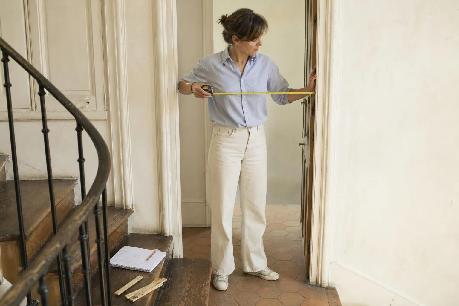 Femme d’environ quarante cinq ans mesurant la largeur libre d’une porte palière avec un mètre ruban, carnet de cotes ouvert posé sur une marche d’escalier
