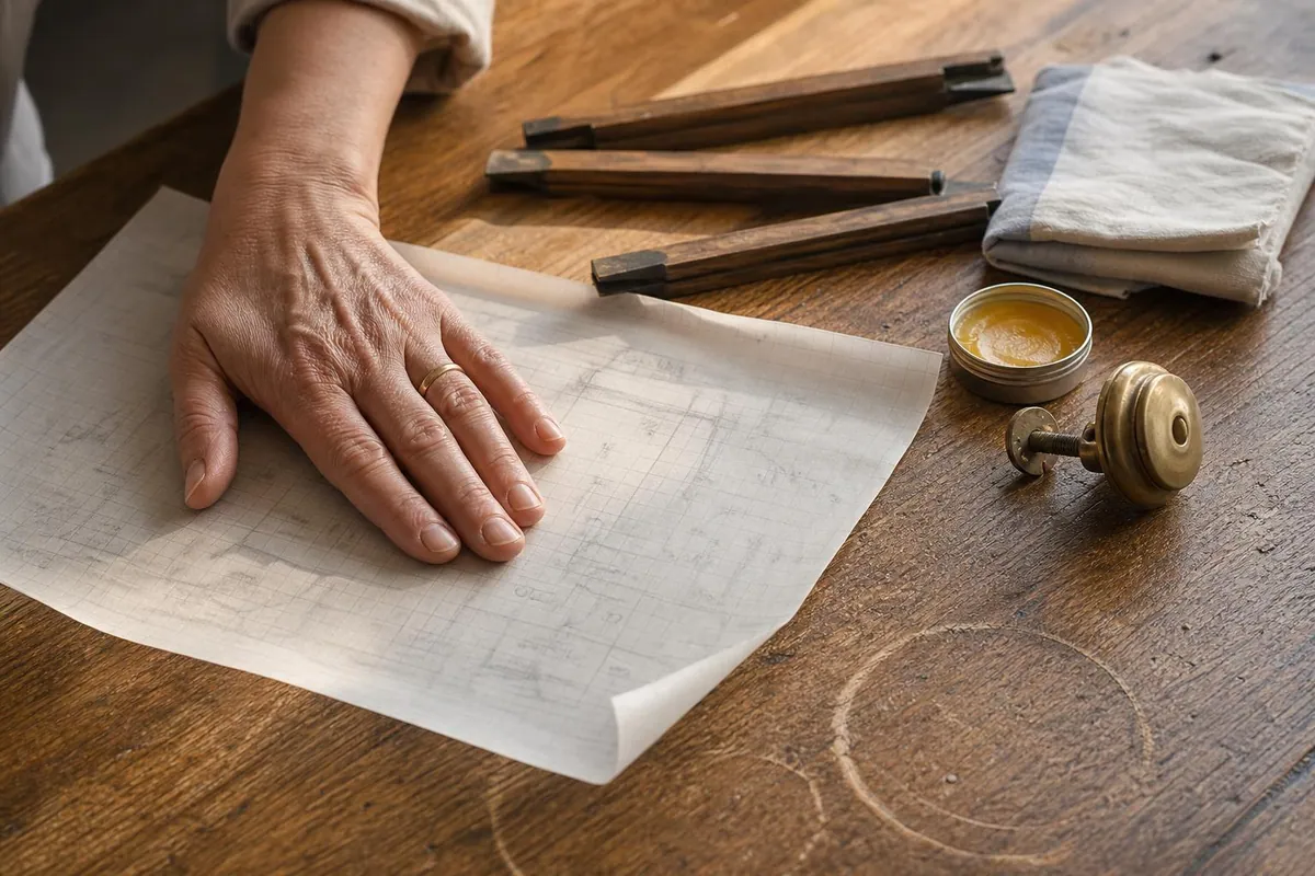 Gros plan d’un plateau de table en bois ciré portant des marques circulaires concentriques, avec une feuille de papier calque quadrillée couverte de cotes au crayon, un mètre pliant en bois entrouvert et un chiffon de coton
