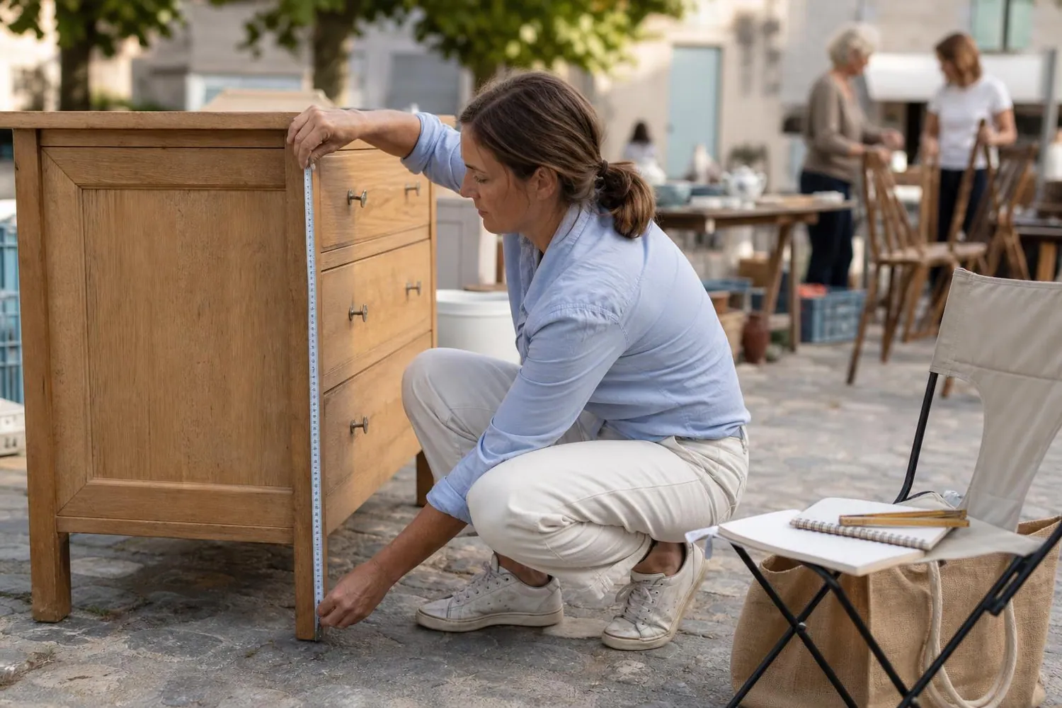 Femme d’environ quarante cinq ans accroupie devant une commode en bois clair posée sur une place de village, mètre ruban déroulé le long du côté du meuble et carnet de cotes ouvert sur une chaise pliante