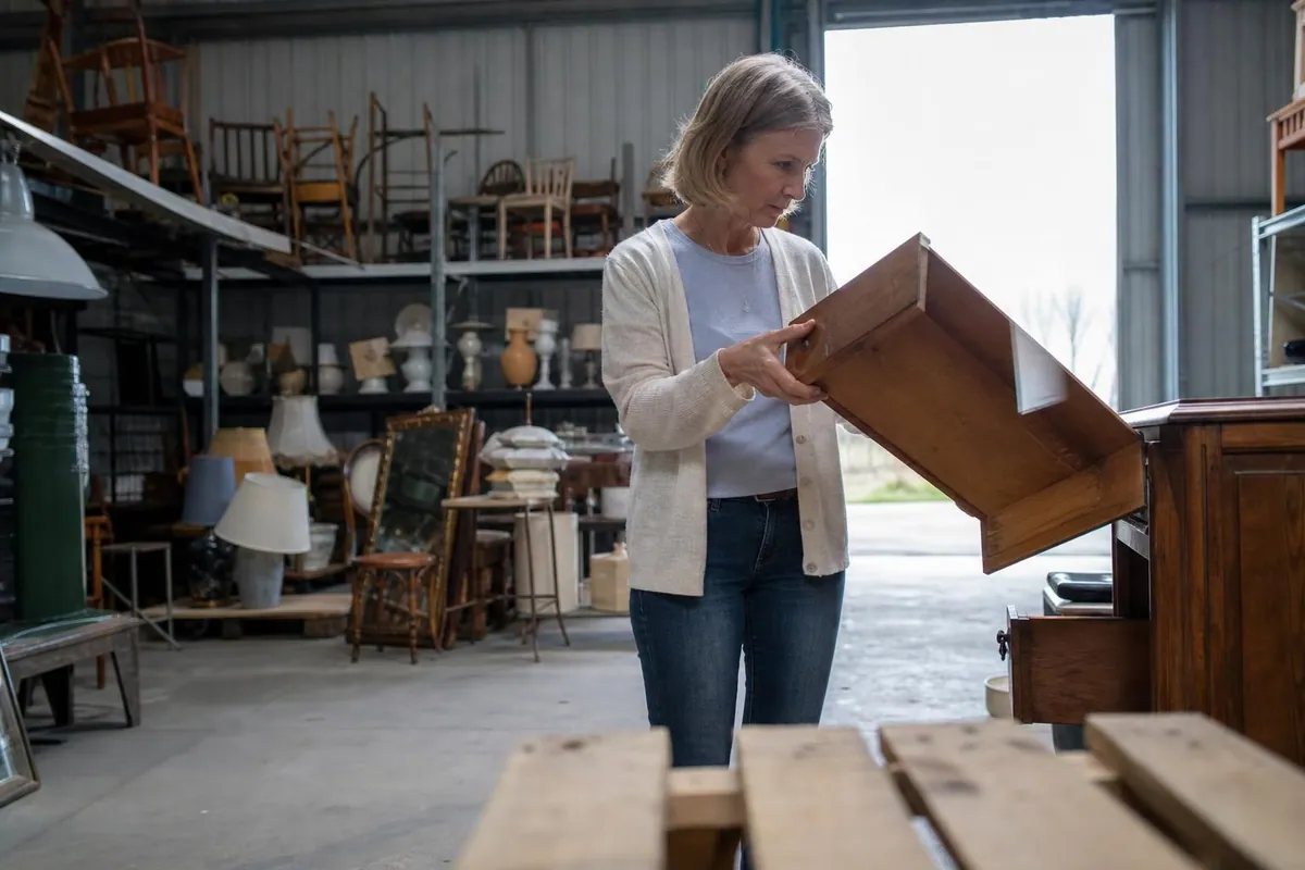 Femme d’environ cinquante ans debout dans un hangar de ressourcerie, tenant un tiroir de bois sorti d’une armoire et l’inclinant vers la lumière pour examiner son assemblage à queue d’aronde
